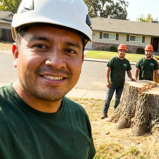 Smiling 3D Tree Services crew selfie after removing a large oak in Los Angeles