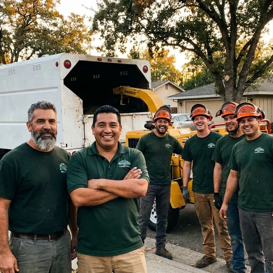 Tree service owner and crew with chip truck on a Los Angeles street