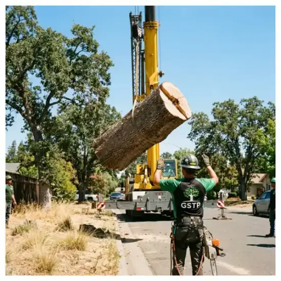 Crane lowering a tree section during a Los Angeles removal